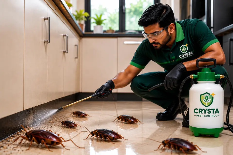 Crysta Pest Control technician treating a kitchen for cockroaches in Patna