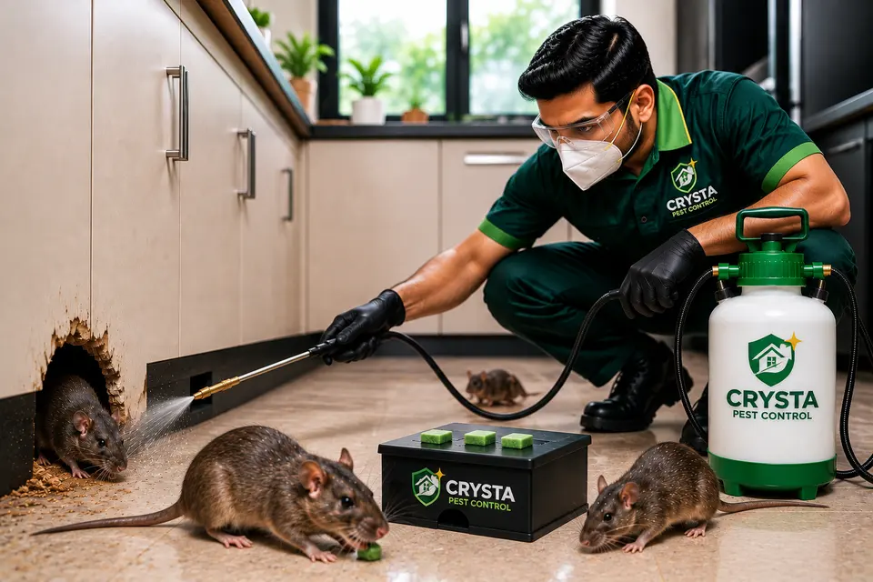 Crysta technician with a rodent bait station in a kitchen